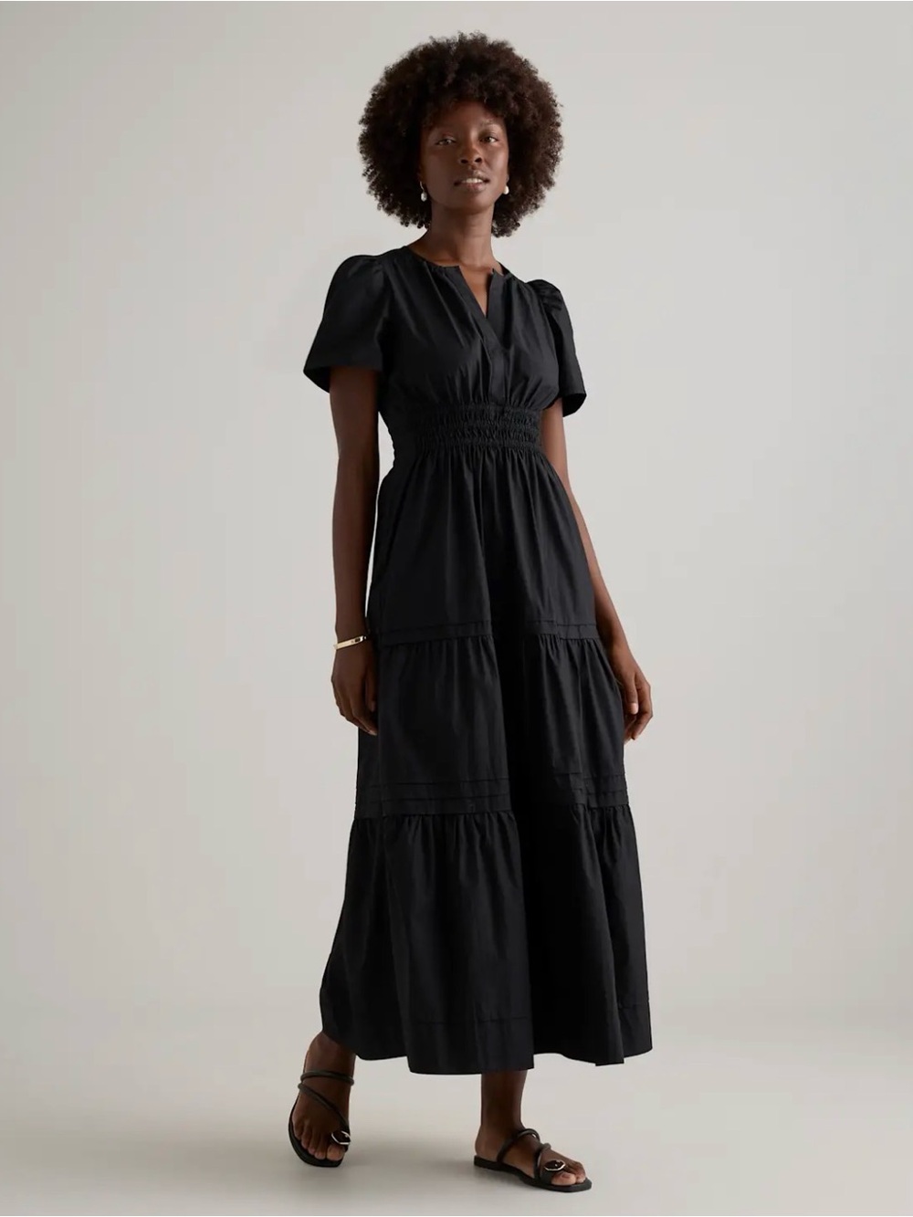 Quince Organic Cotton Poplin Tiered Maxi Dress Size Small Black